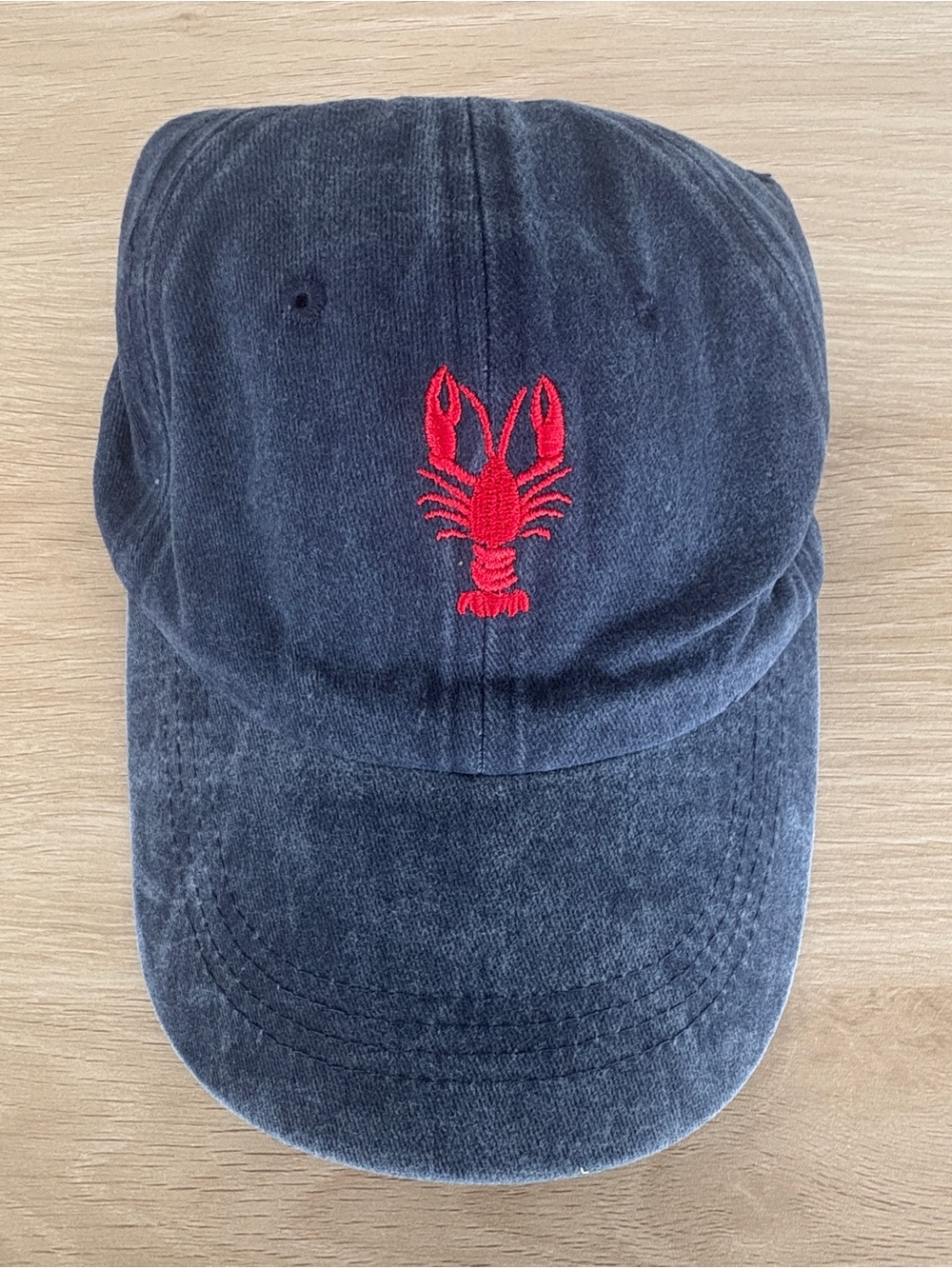 Blue Washed Cotton Cap with Red Lobster Embroidery